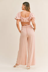 MABLE Cut Out Drawstring Crop Top and Belted Pants Set OutfitFlow
